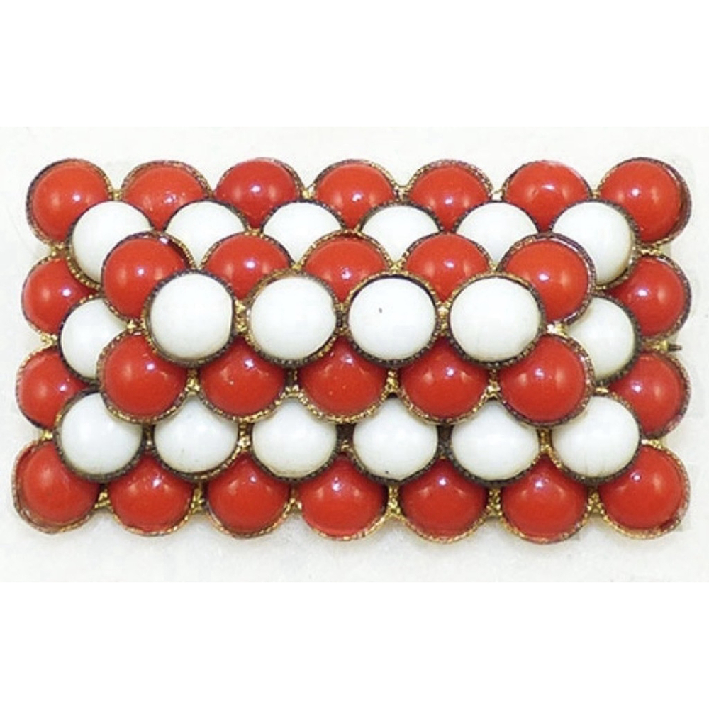 Czechoslovakian Red White Glass Patriotic Rectangular Bar Pin Vintage